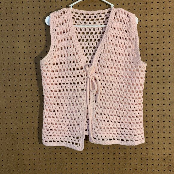 Vintage Handmade Knit Crochet Vest Open Front OS Pastel Cottagecore Granny Pink - Picture 1 of 5